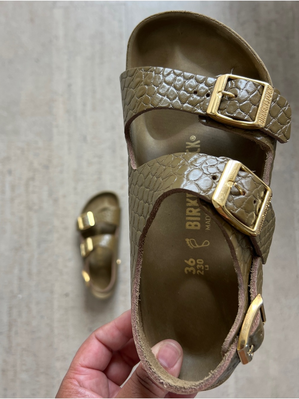 Birkenstock Olive Embossed Sandal with Gold Buckles